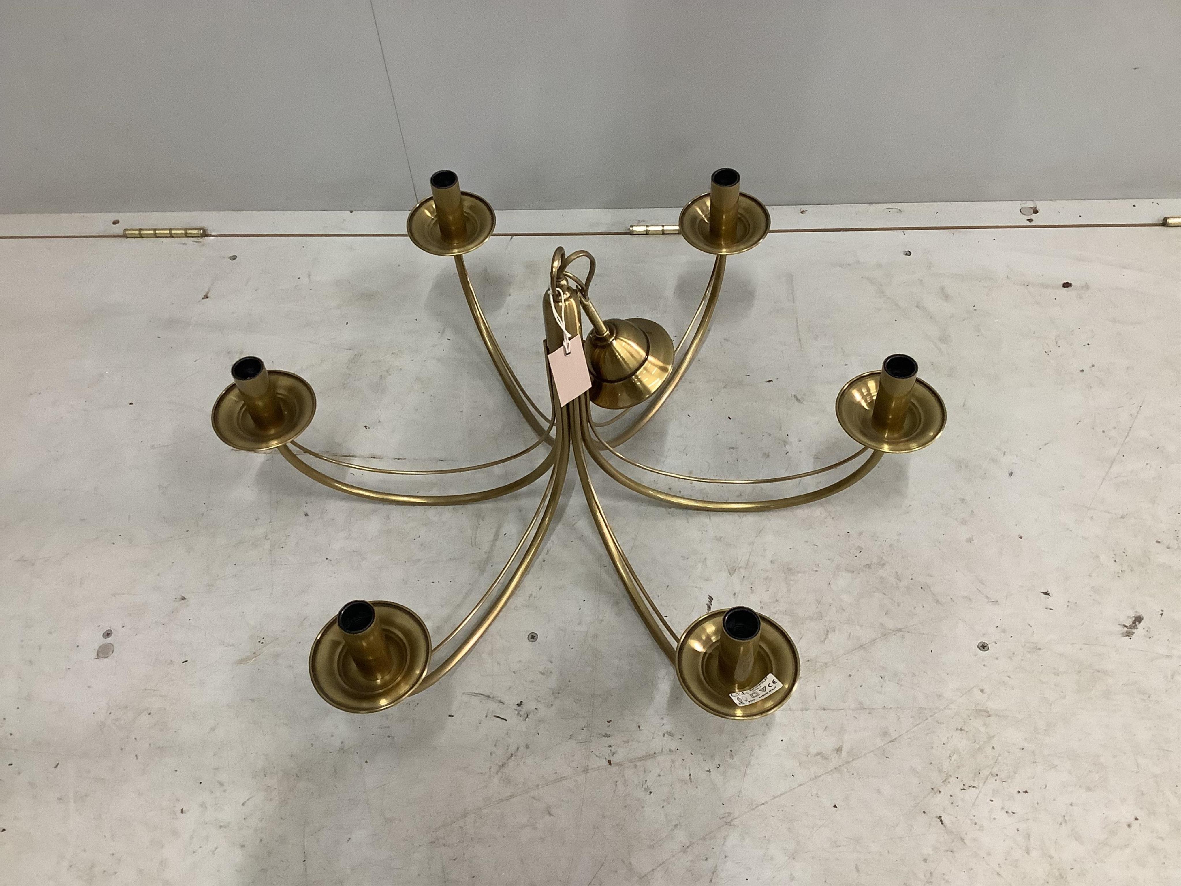 A modern lacquered brass light fitting, diameter 69cm, height overall 53cm. Condition - good